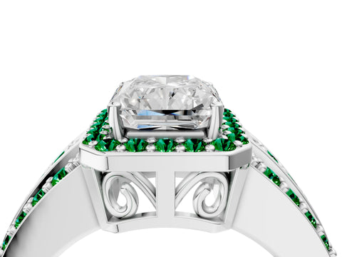White gold Radiant Cut Halo Diamond Ring with Round with Emerald side stone Split Shank and Prong Setting_16