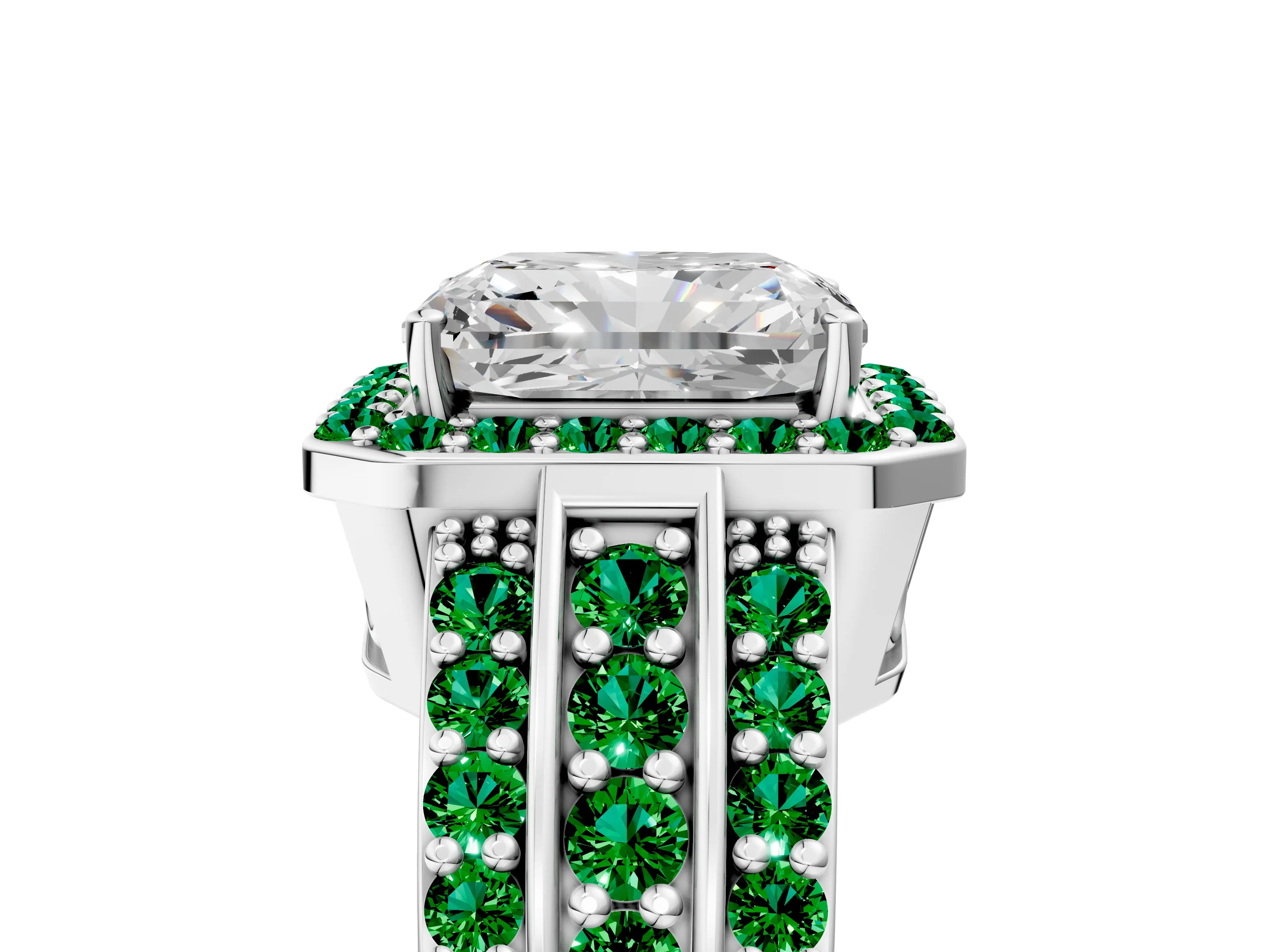 White gold Radiant Cut Halo Diamond Ring with Round with Emerald side stone Split Shank and Prong Setting_17