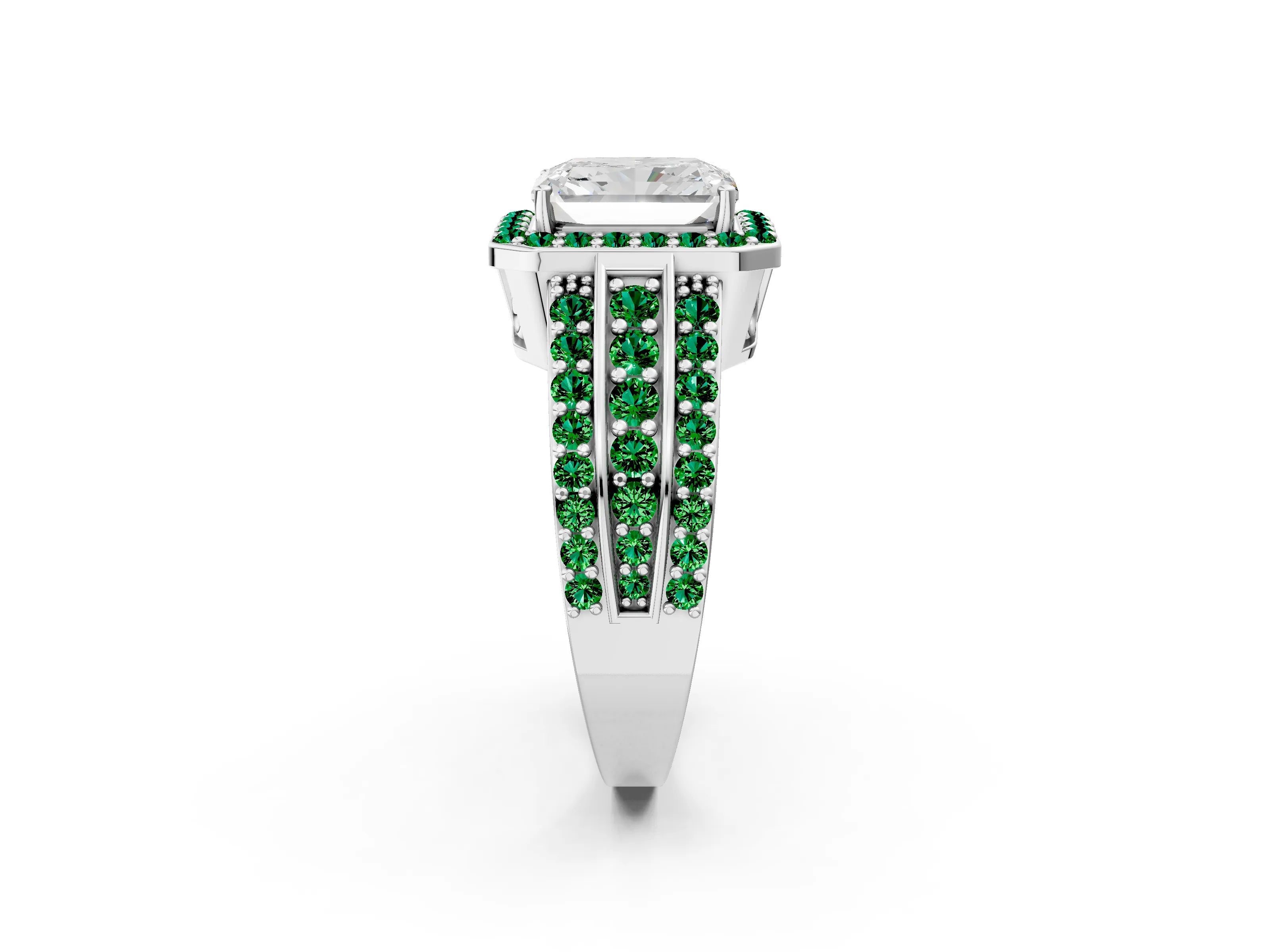 White gold Radiant Cut Halo Diamond Ring with Round with Emerald side stone Split Shank and Prong Setting_38