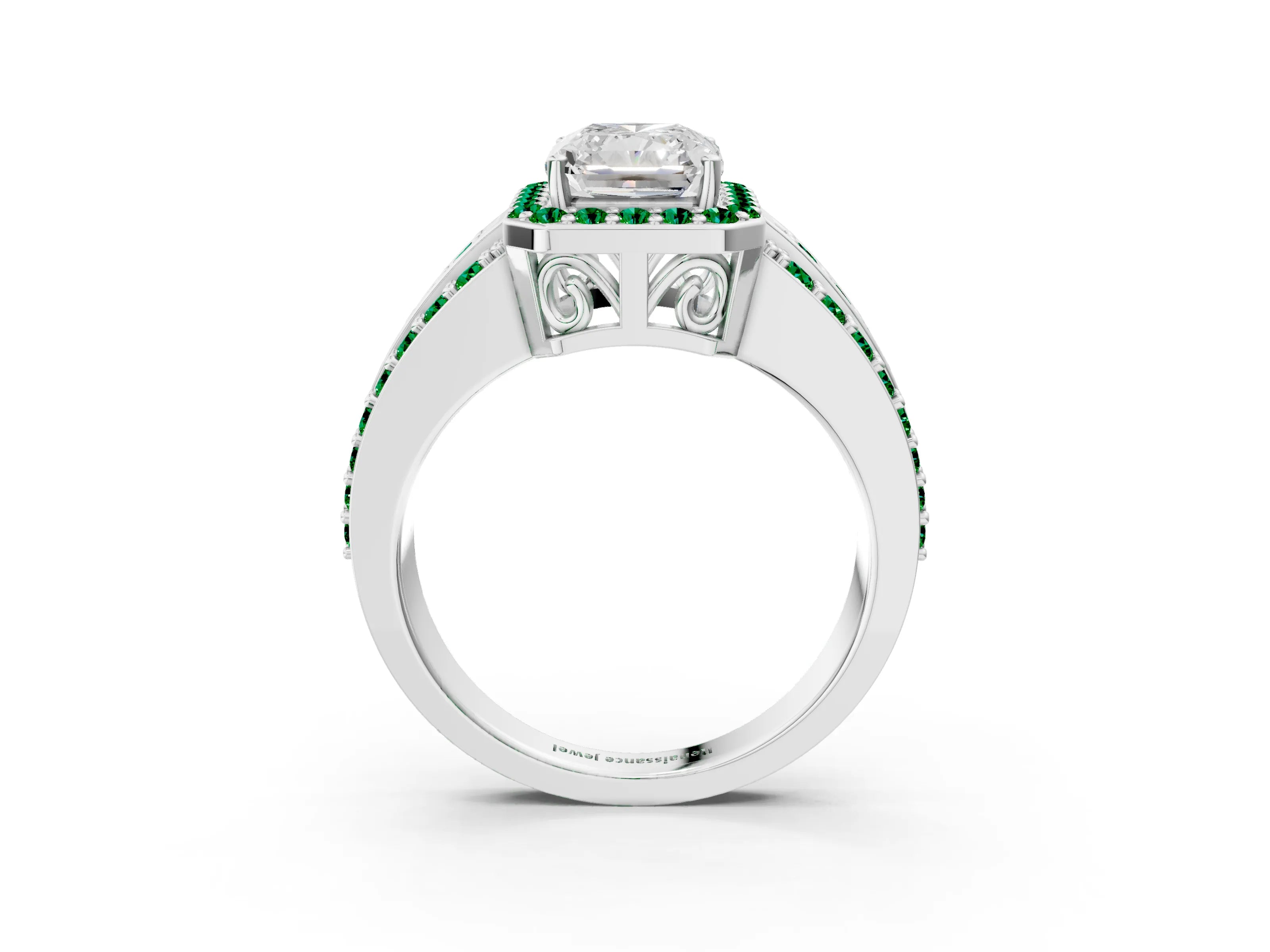 White gold Radiant Cut Halo Diamond Ring with Round with Emerald side stone Split Shank and Prong Setting_39
