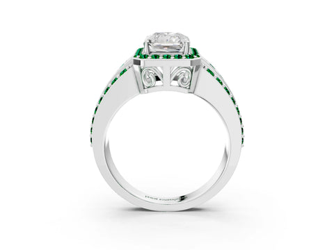 White gold Radiant Cut Halo Diamond Ring with Round with Emerald side stone Split Shank and Prong Setting_39