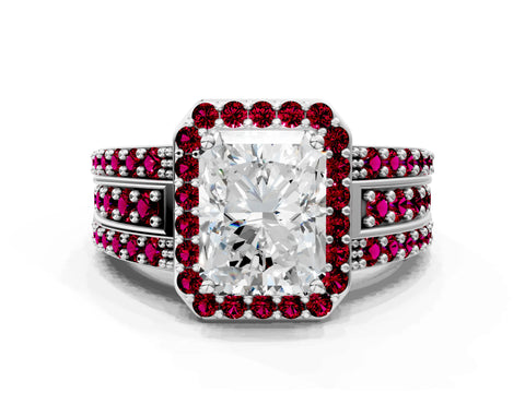 White gold Radiant Cut Halo Diamond Ring with Round with Garnet side stone Split Shank and Prong Setting_12