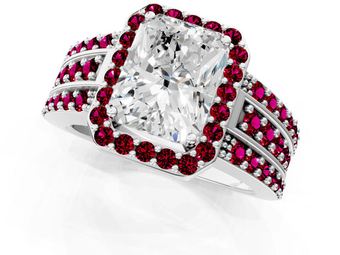 White gold Radiant Cut Halo Diamond Ring with Round with Garnet side stone Split Shank and Prong Setting_13