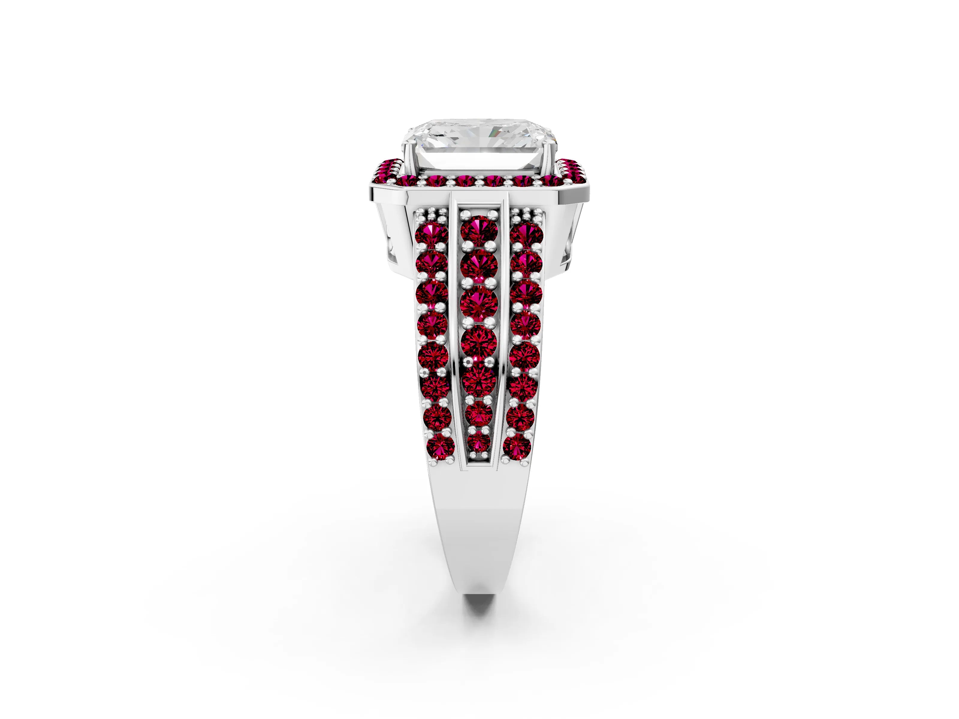 White gold Radiant Cut Halo Diamond Ring with Round with Garnet side stone Split Shank and Prong Setting_14