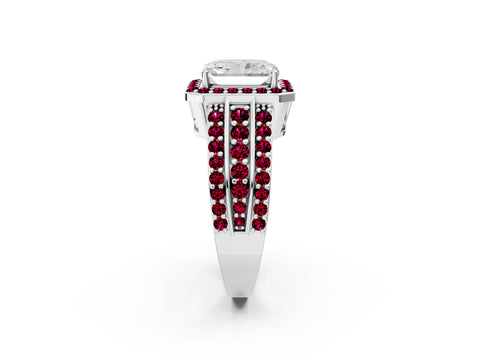 White gold Radiant Cut Halo Diamond Ring with Round with Garnet side stone Split Shank and Prong Setting_14