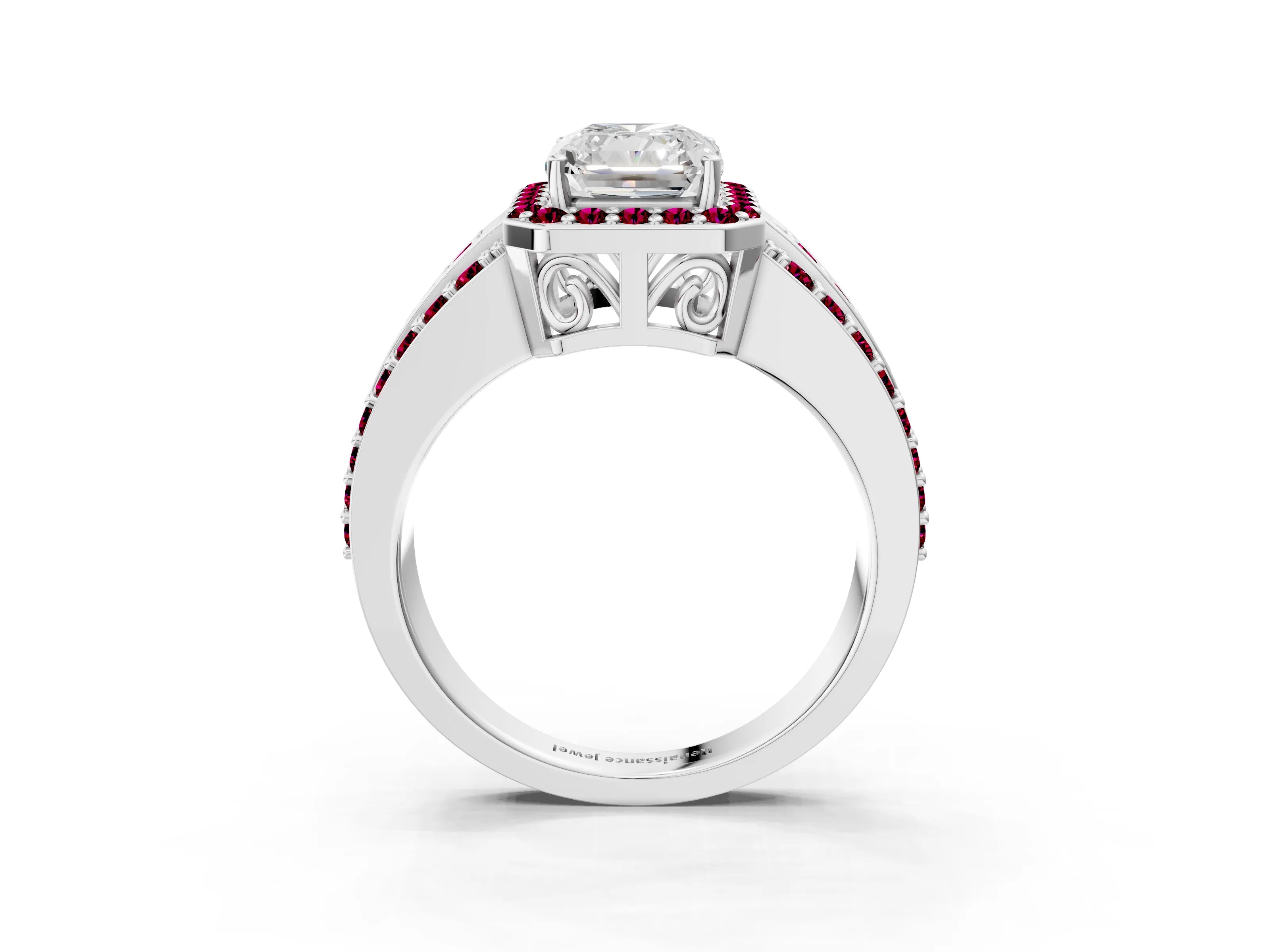 White gold Radiant Cut Halo Diamond Ring with Round with Garnet side stone Split Shank and Prong Setting_15