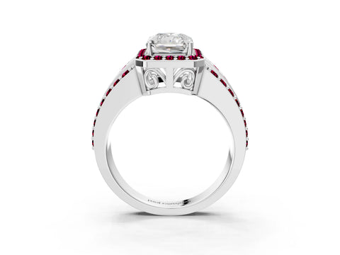 White gold Radiant Cut Halo Diamond Ring with Round with Garnet side stone Split Shank and Prong Setting_15