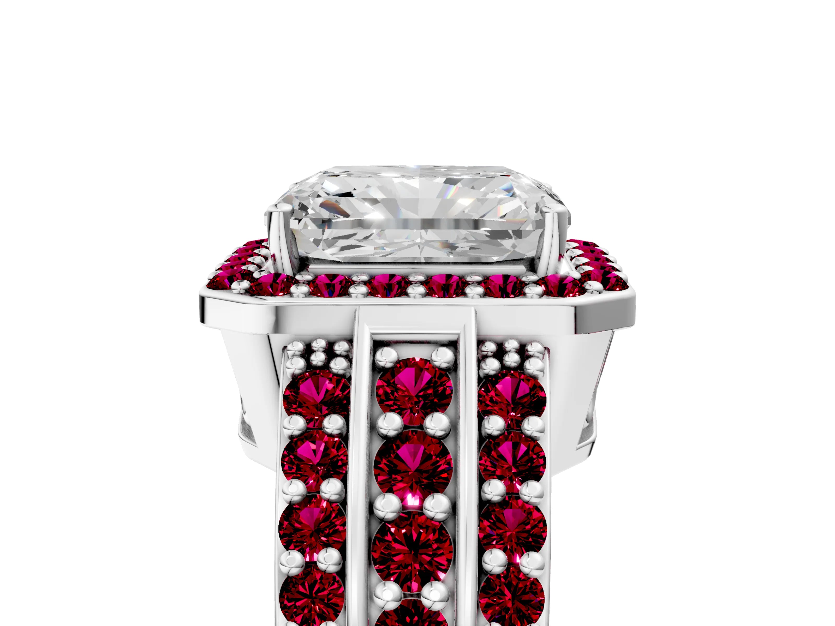 White gold Radiant Cut Halo Diamond Ring with Round with Garnet side stone Split Shank and Prong Setting_17