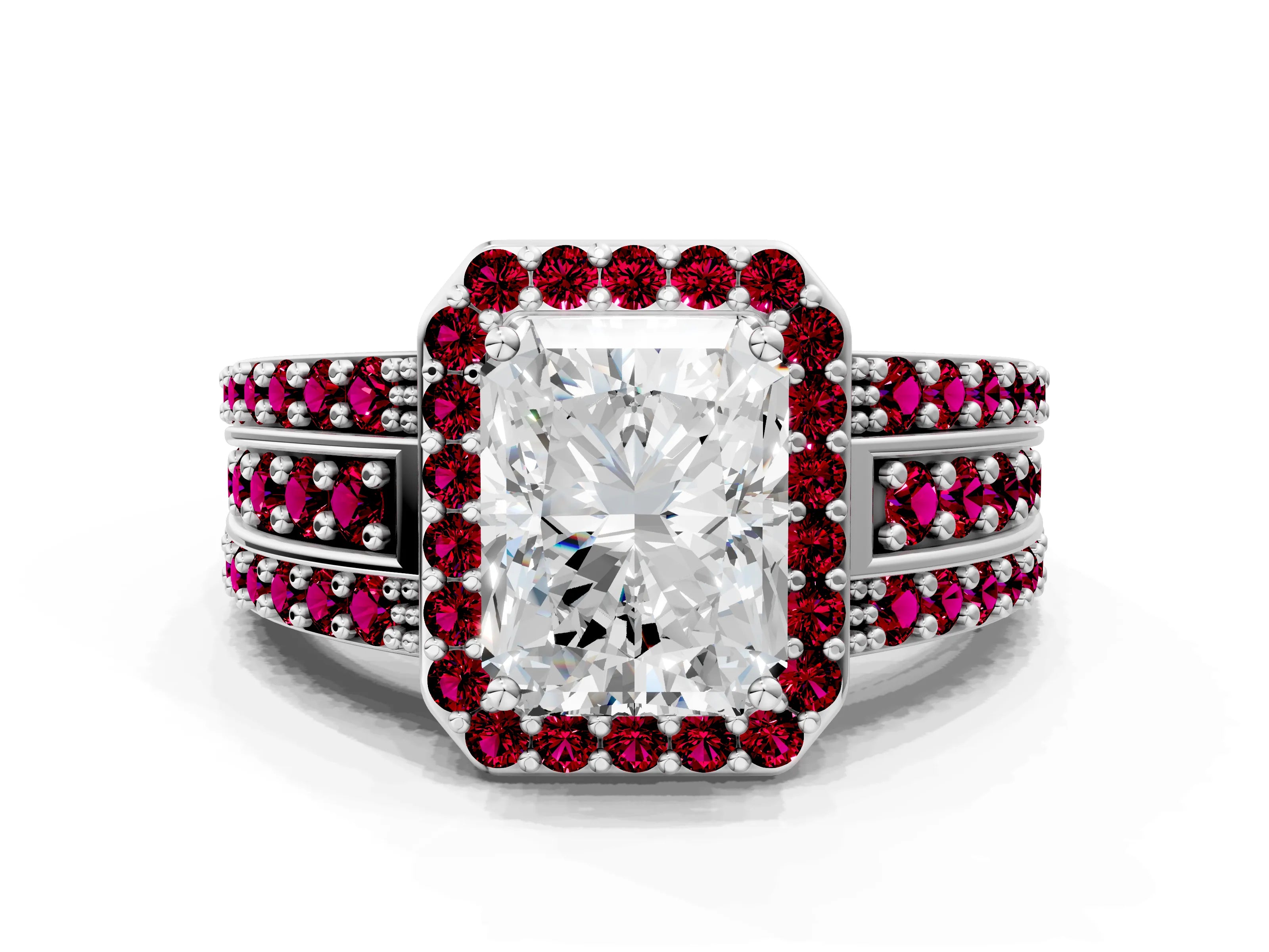 White gold Radiant Cut Halo Diamond Ring with Round with Garnet side stone Split Shank and Prong Setting_36