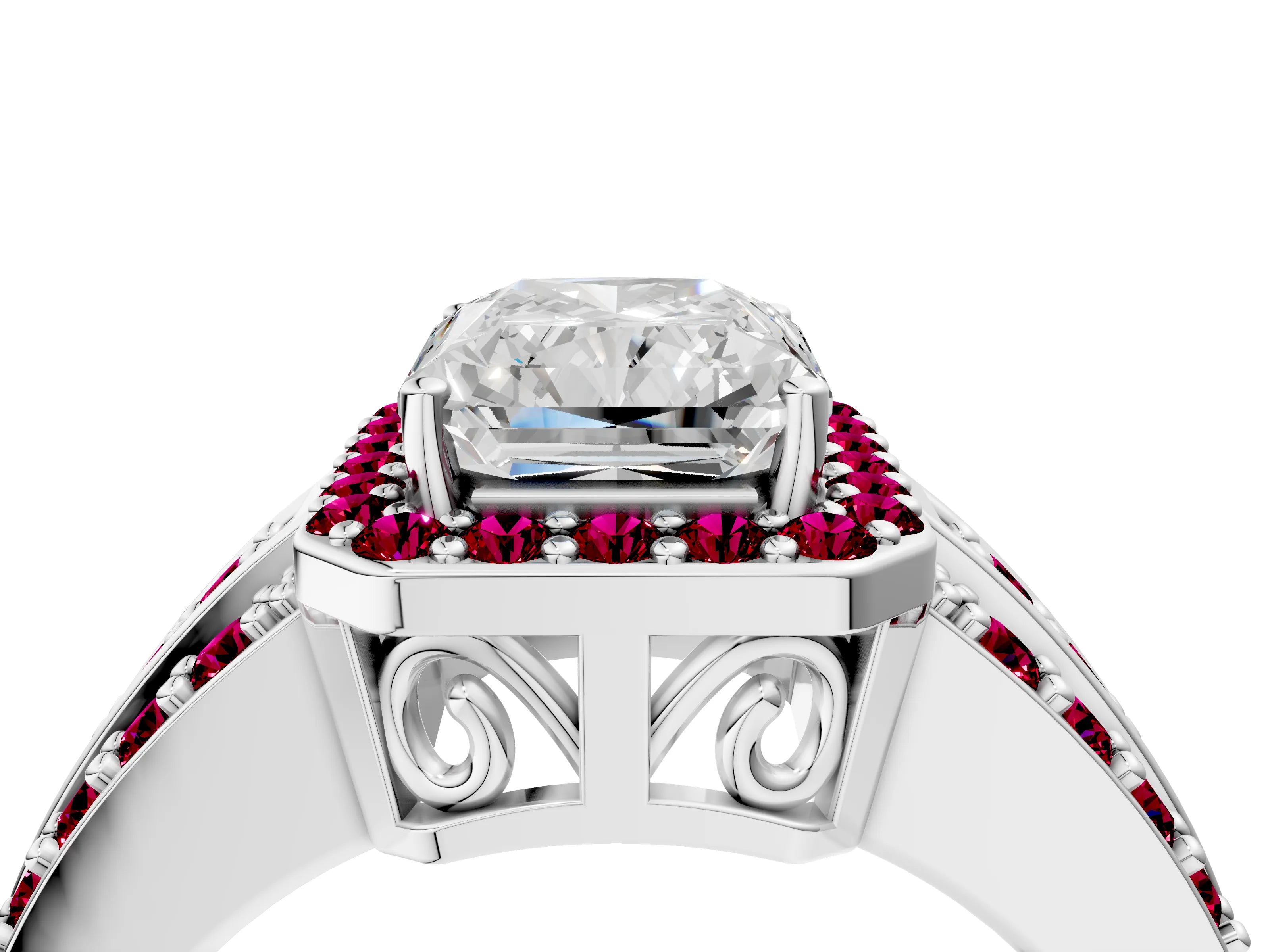White gold Radiant Cut Halo Diamond Ring with Round with Garnet side stone Split Shank and Prong Setting_40