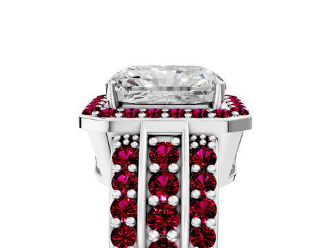 White gold Radiant Cut Halo Diamond Ring with Round with Garnet side stone Split Shank and Prong Setting_41