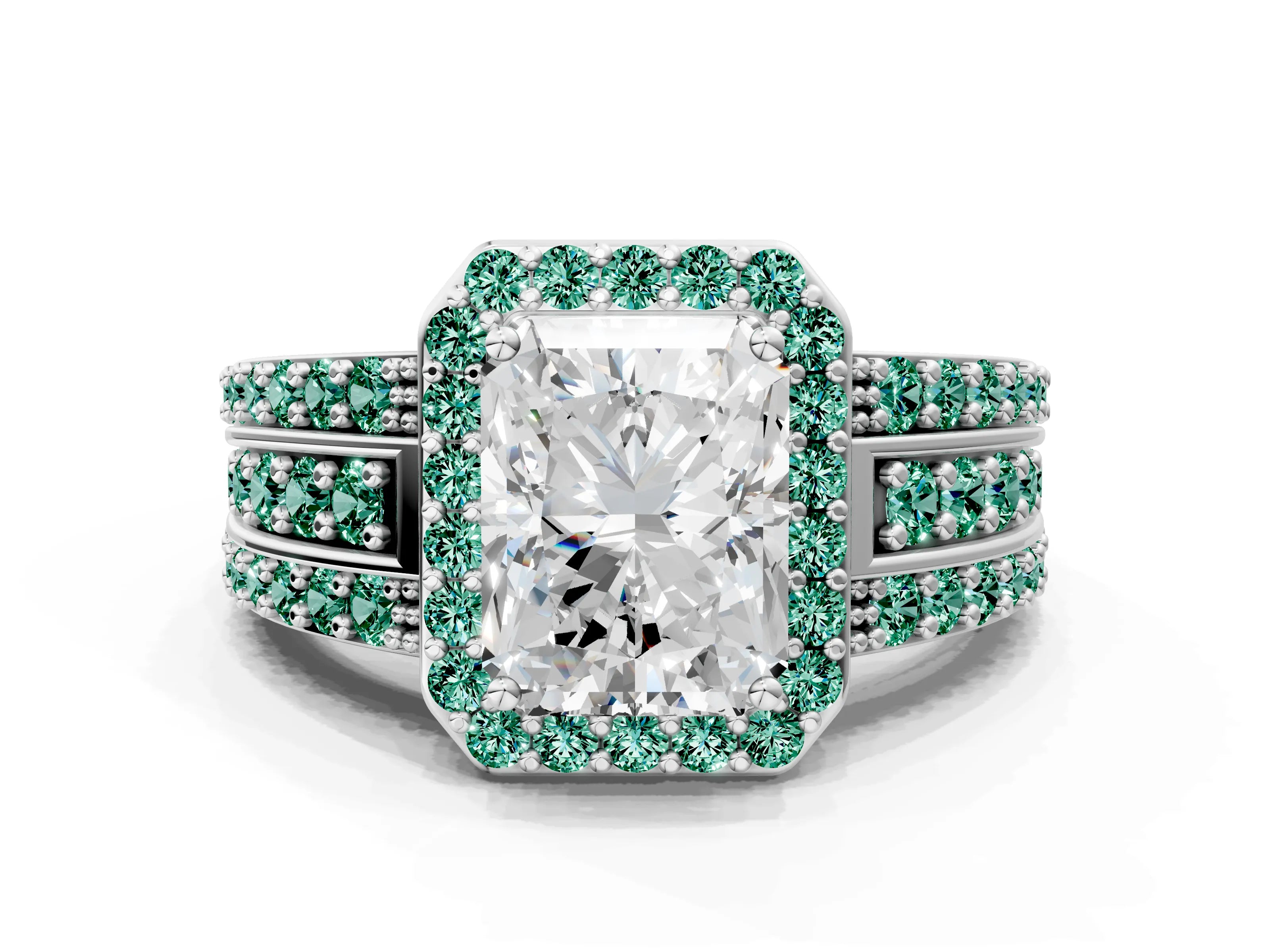 White gold Radiant Cut Halo Diamond Ring with Round with Green Sapphire side stone Split Shank and Prong Setting_12
