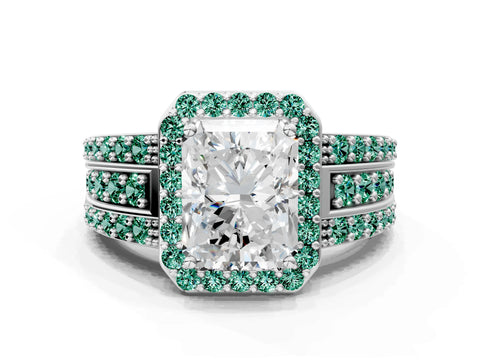 White gold Radiant Cut Halo Diamond Ring with Round with Green Sapphire side stone Split Shank and Prong Setting_12
