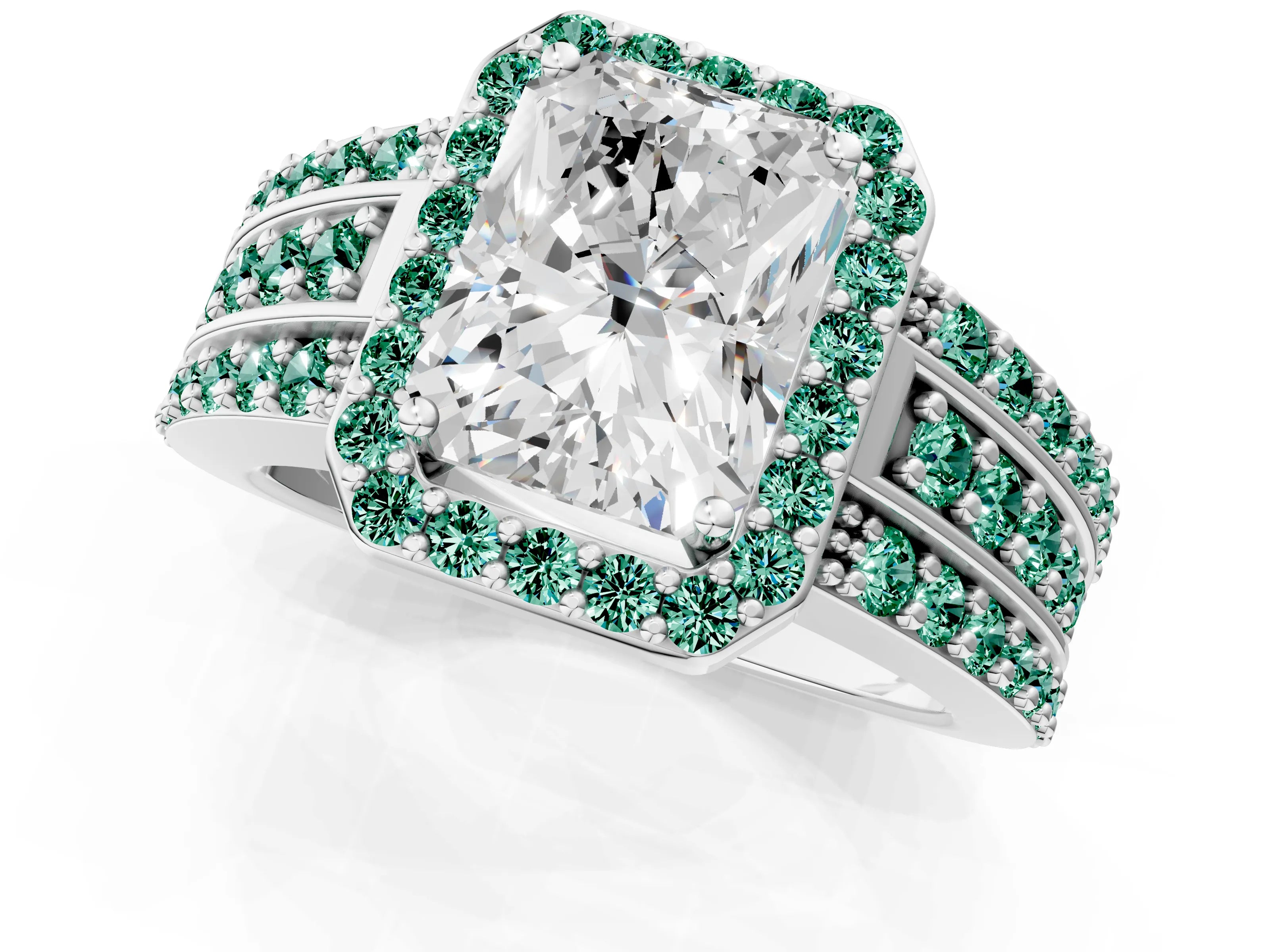 White gold Radiant Cut Halo Diamond Ring with Round with Green Sapphire side stone Split Shank and Prong Setting_13