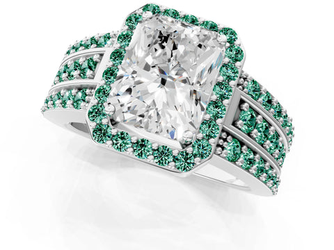 White gold Radiant Cut Halo Diamond Ring with Round with Green Sapphire side stone Split Shank and Prong Setting_13