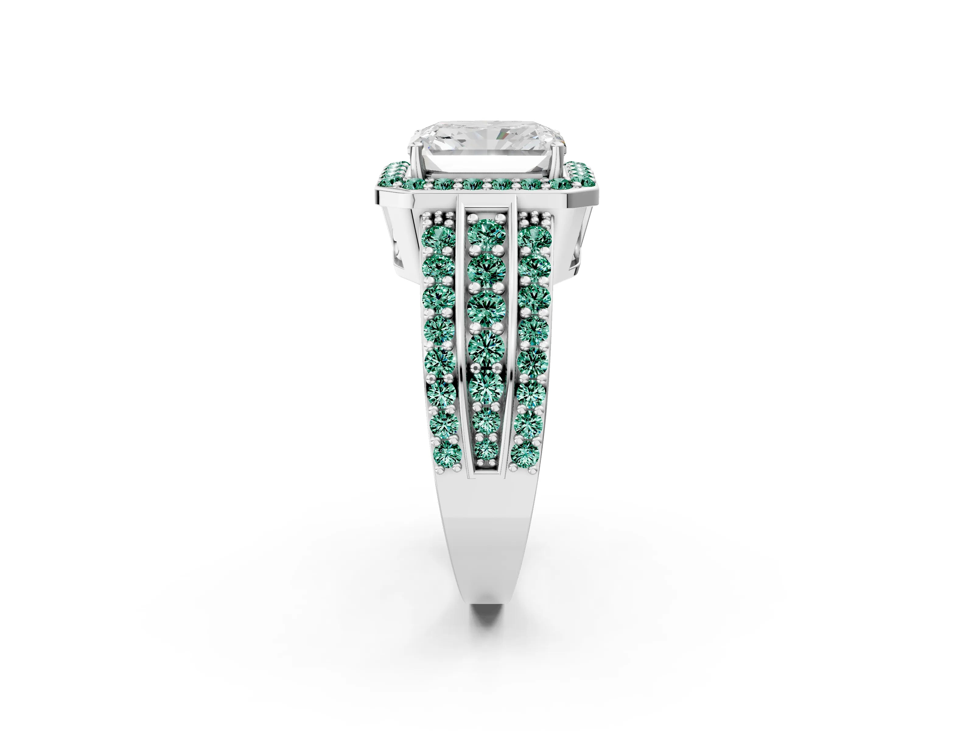 White gold Radiant Cut Halo Diamond Ring with Round with Green Sapphire side stone Split Shank and Prong Setting_14