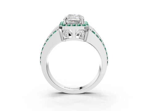 White gold Radiant Cut Halo Diamond Ring with Round with Green Sapphire side stone Split Shank and Prong Setting_15