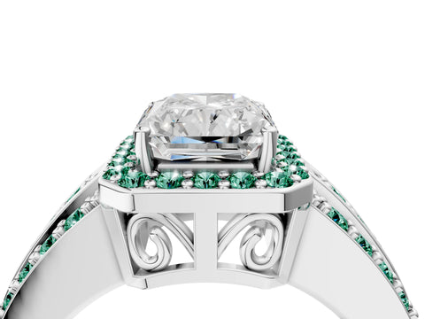 White gold Radiant Cut Halo Diamond Ring with Round with Green Sapphire side stone Split Shank and Prong Setting_16