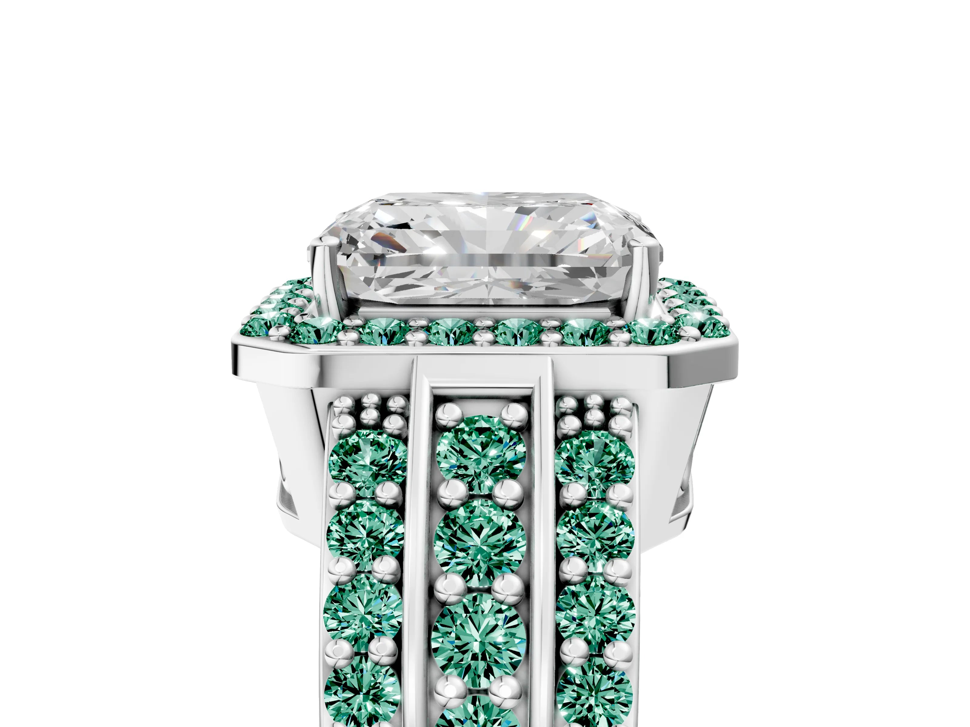 White gold Radiant Cut Halo Diamond Ring with Round with Green Sapphire side stone Split Shank and Prong Setting_17