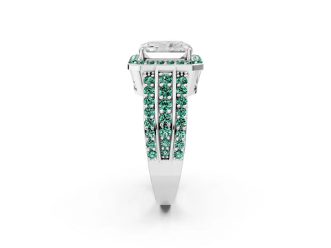 White gold Radiant Cut Halo Diamond Ring with Round with Green Sapphire side stone Split Shank and Prong Setting_26