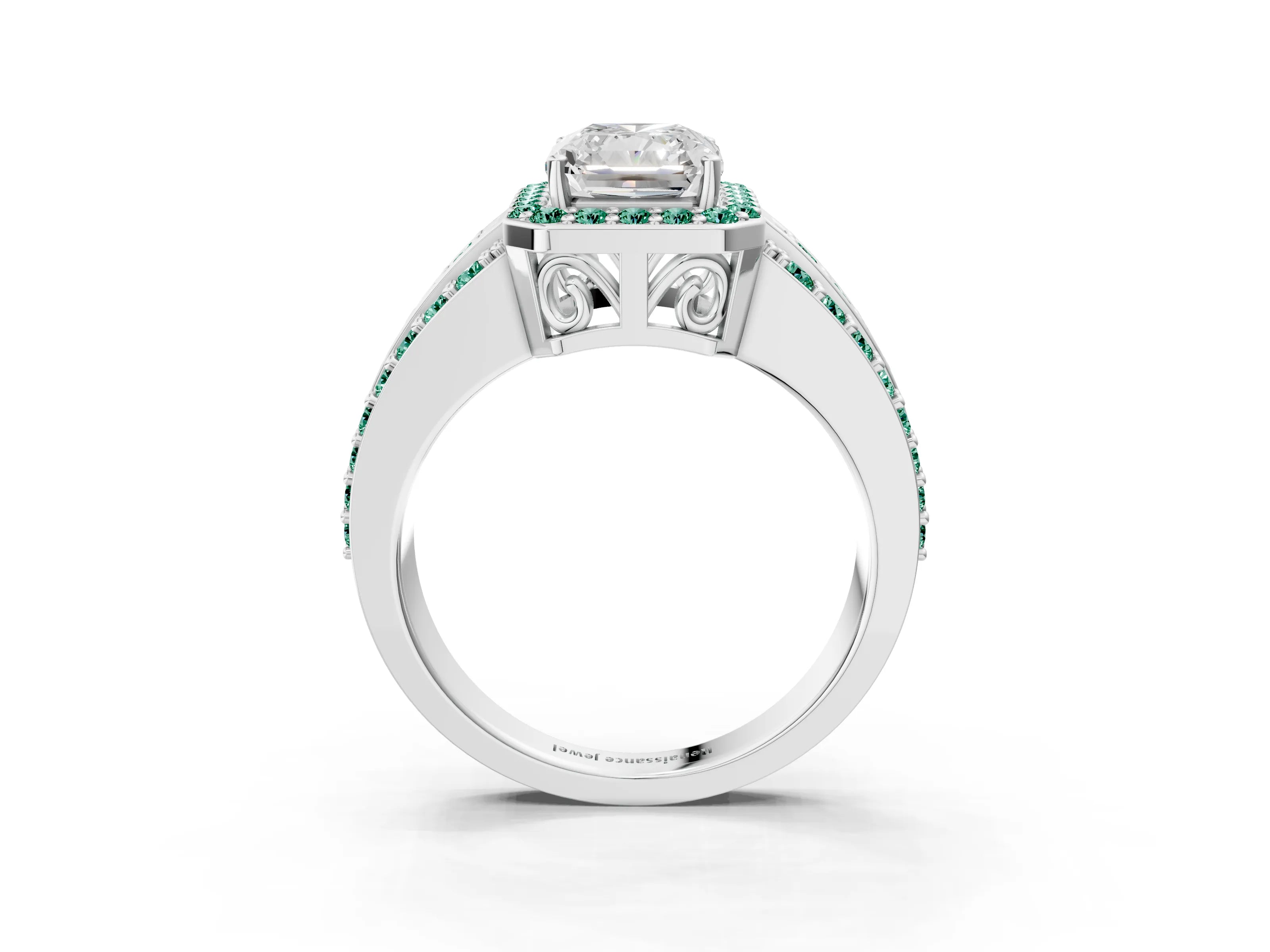White gold Radiant Cut Halo Diamond Ring with Round with Green Sapphire side stone Split Shank and Prong Setting_27