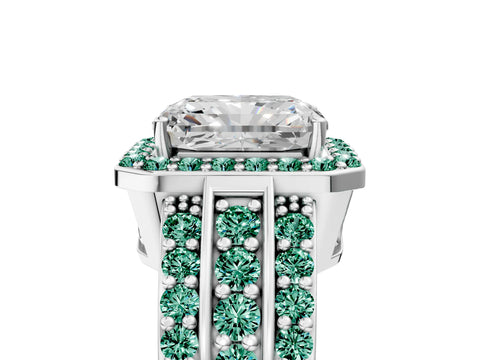 White gold Radiant Cut Halo Diamond Ring with Round with Green Sapphire side stone Split Shank and Prong Setting_29