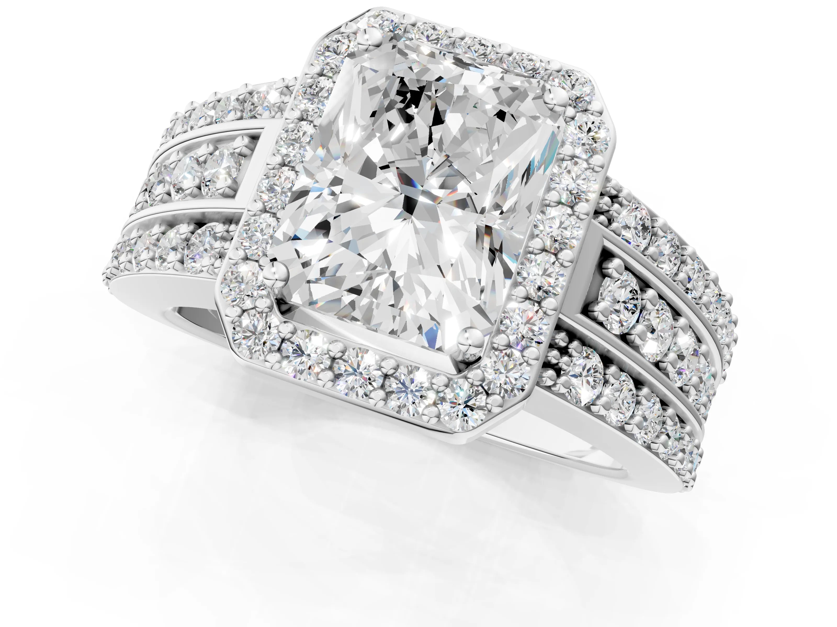 White gold Radiant Cut Halo Diamond Ring with Round with Moissanite side stone Split Shank and Prong Setting_25