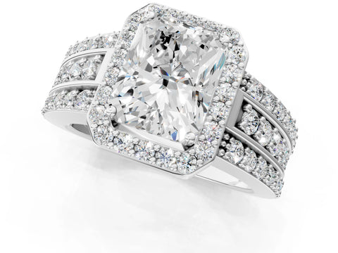 White gold Radiant Cut Halo Diamond Ring with Round with Moissanite side stone Split Shank and Prong Setting_25