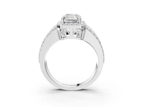 White gold Radiant Cut Halo Diamond Ring with Round with Moissanite side stone Split Shank and Prong Setting_27