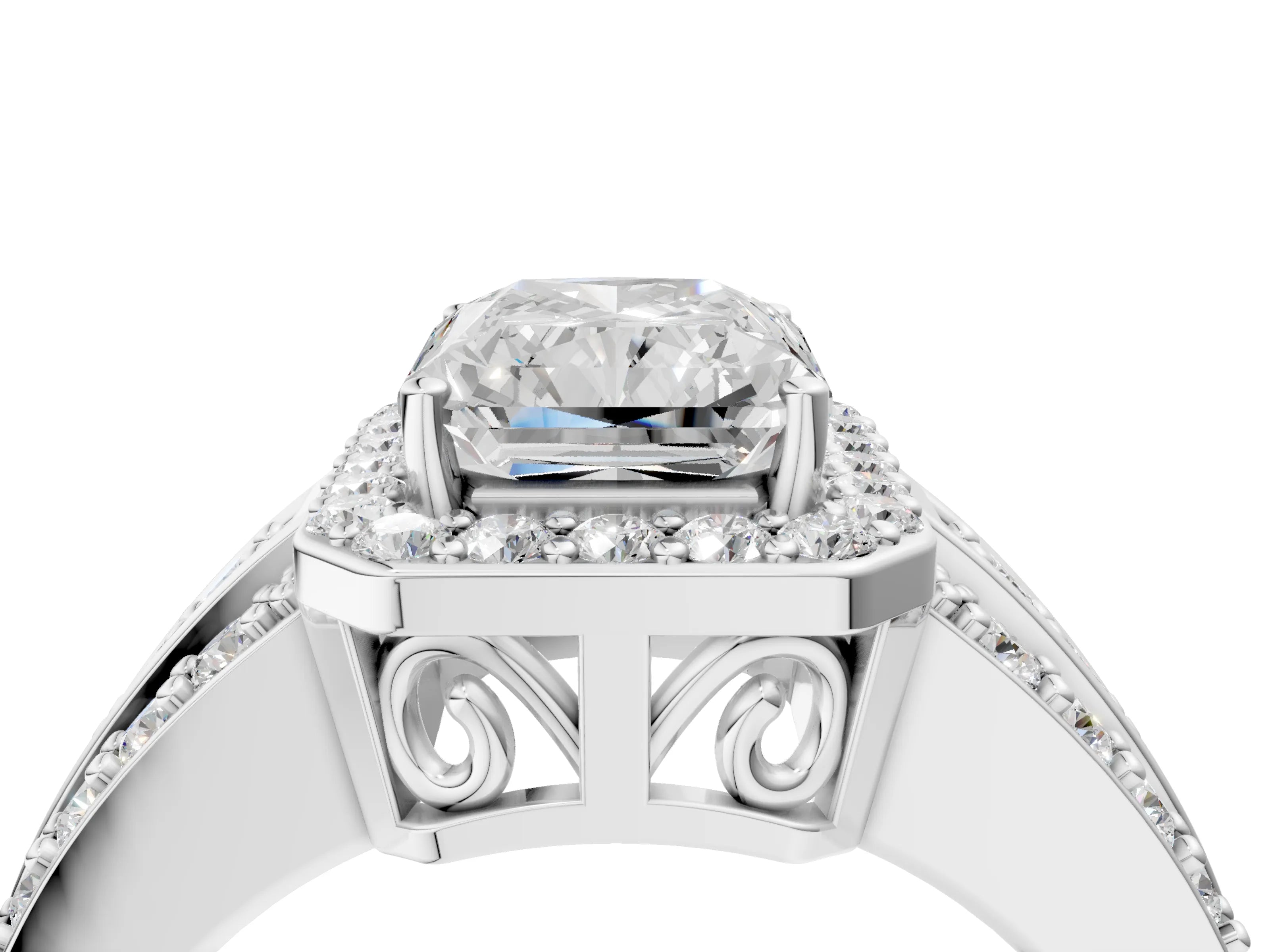 White gold Radiant Cut Halo Diamond Ring with Round with Moissanite side stone Split Shank and Prong Setting_28