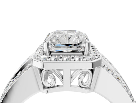 White gold Radiant Cut Halo Diamond Ring with Round with Moissanite side stone Split Shank and Prong Setting_28