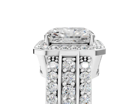 White gold Radiant Cut Halo Diamond Ring with Round with Moissanite side stone Split Shank and Prong Setting_29