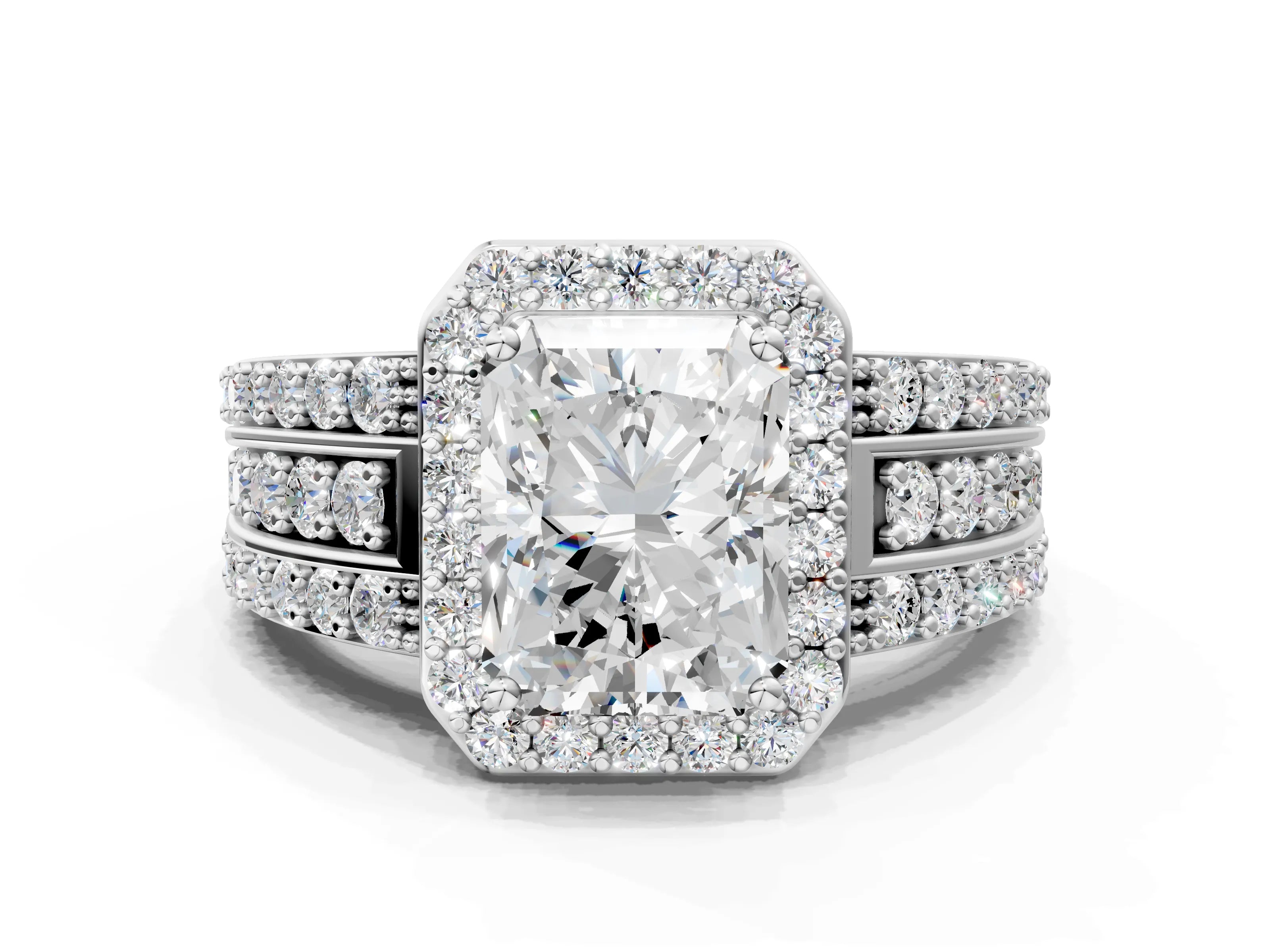 White gold Radiant Cut Halo Diamond Ring with Round with Moissanite side stone Split Shank and Prong Setting_48