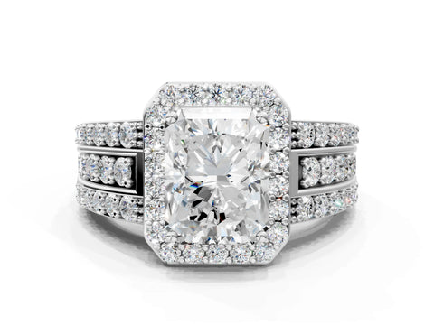 White gold Radiant Cut Halo Diamond Ring with Round with Moissanite side stone Split Shank and Prong Setting_48