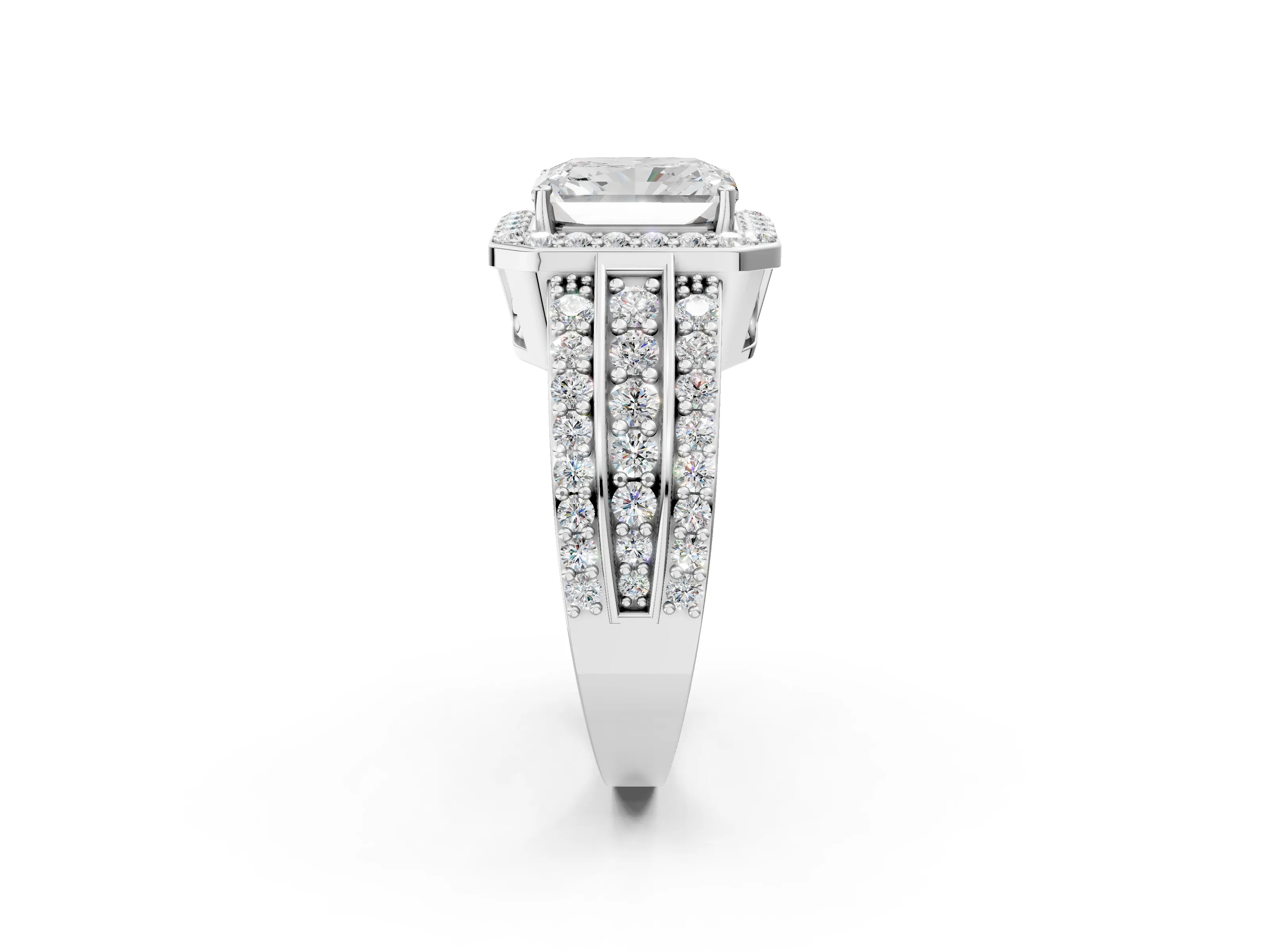 White gold Radiant Cut Halo Diamond Ring with Round with Moissanite side stone Split Shank and Prong Setting_50