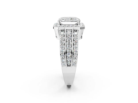 White gold Radiant Cut Halo Diamond Ring with Round with Moissanite side stone Split Shank and Prong Setting_50