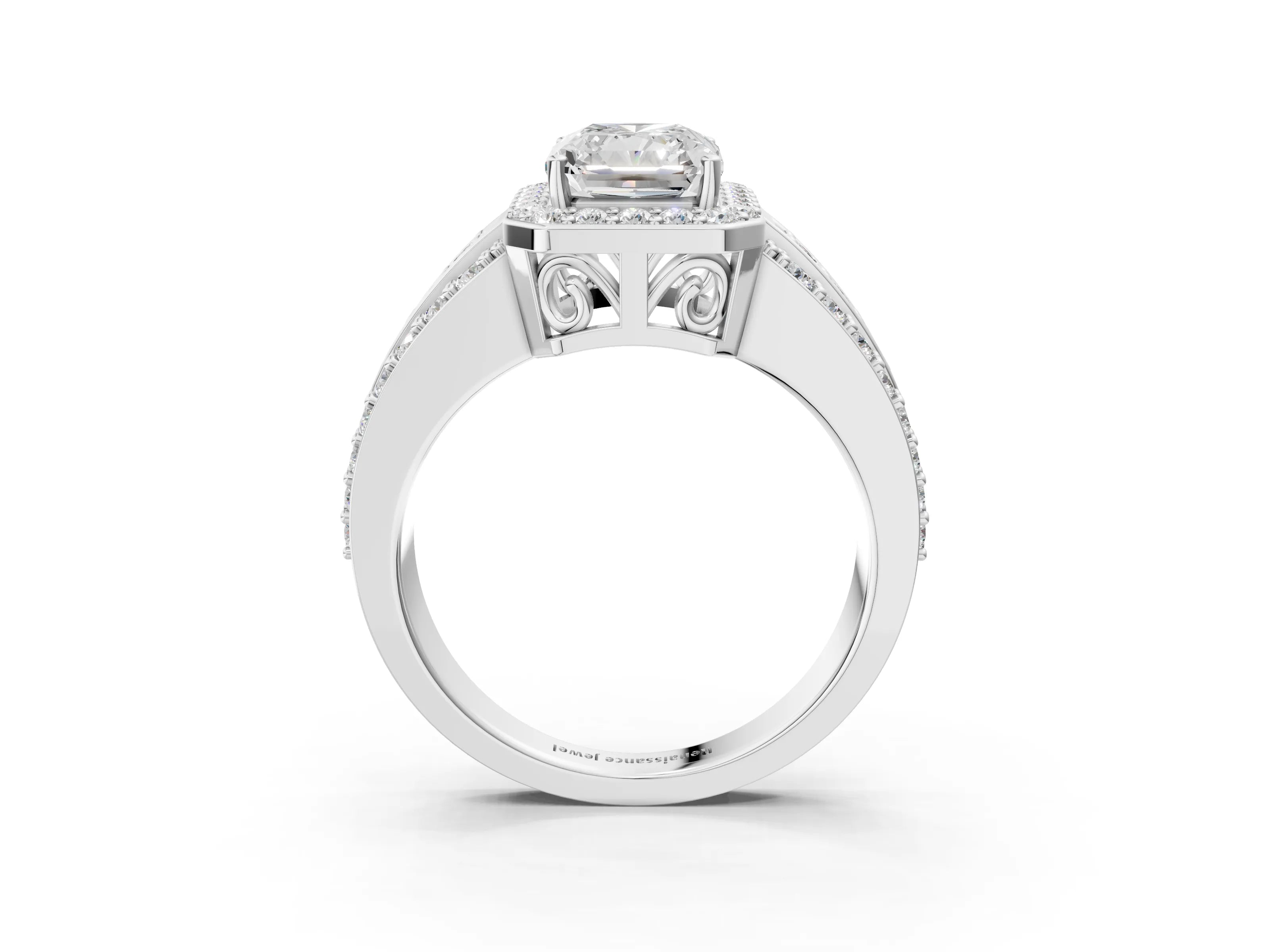 White gold Radiant Cut Halo Diamond Ring with Round with Moissanite side stone Split Shank and Prong Setting_51