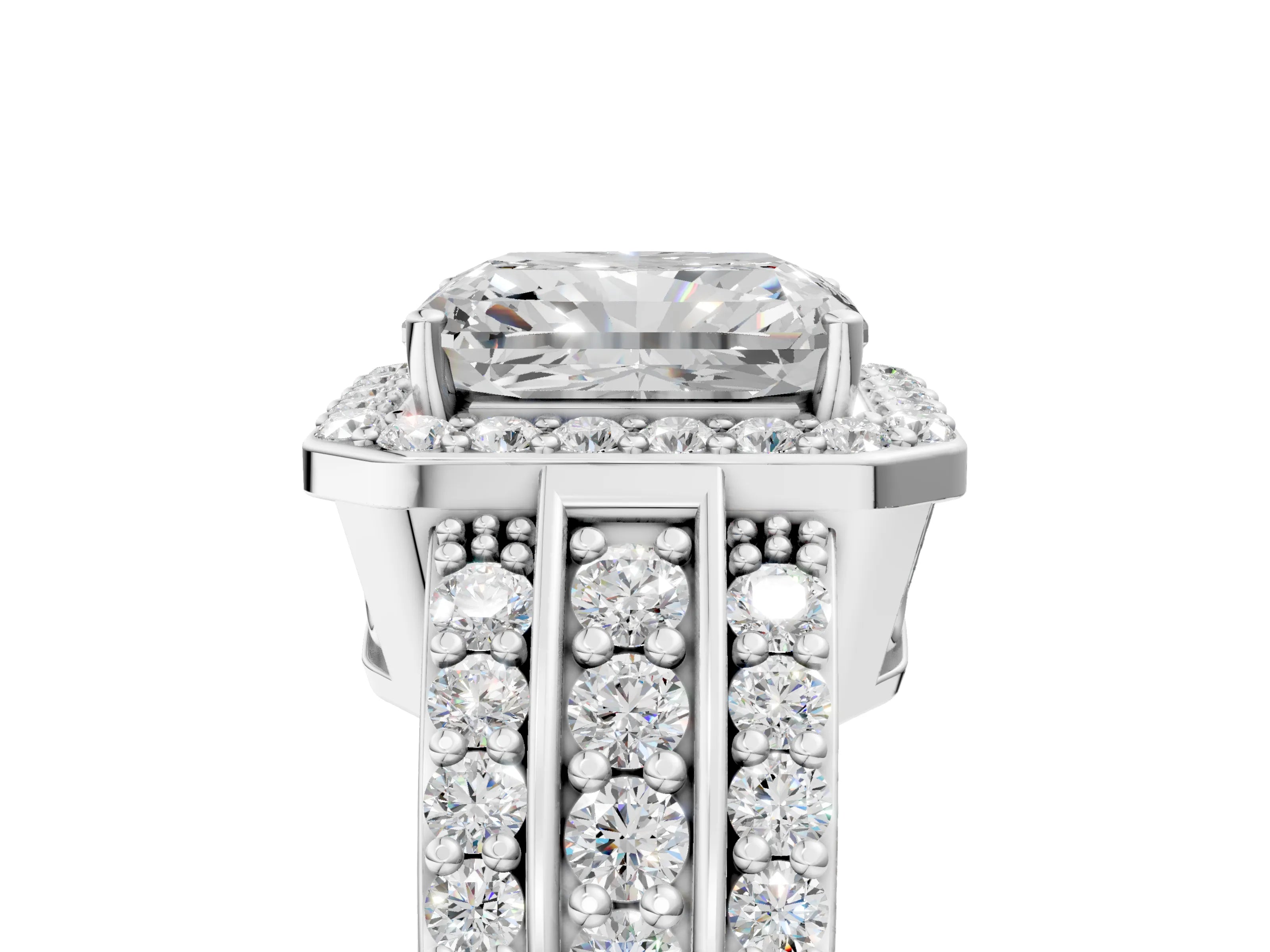 White gold Radiant Cut Halo Diamond Ring with Round with Moissanite side stone Split Shank and Prong Setting_53