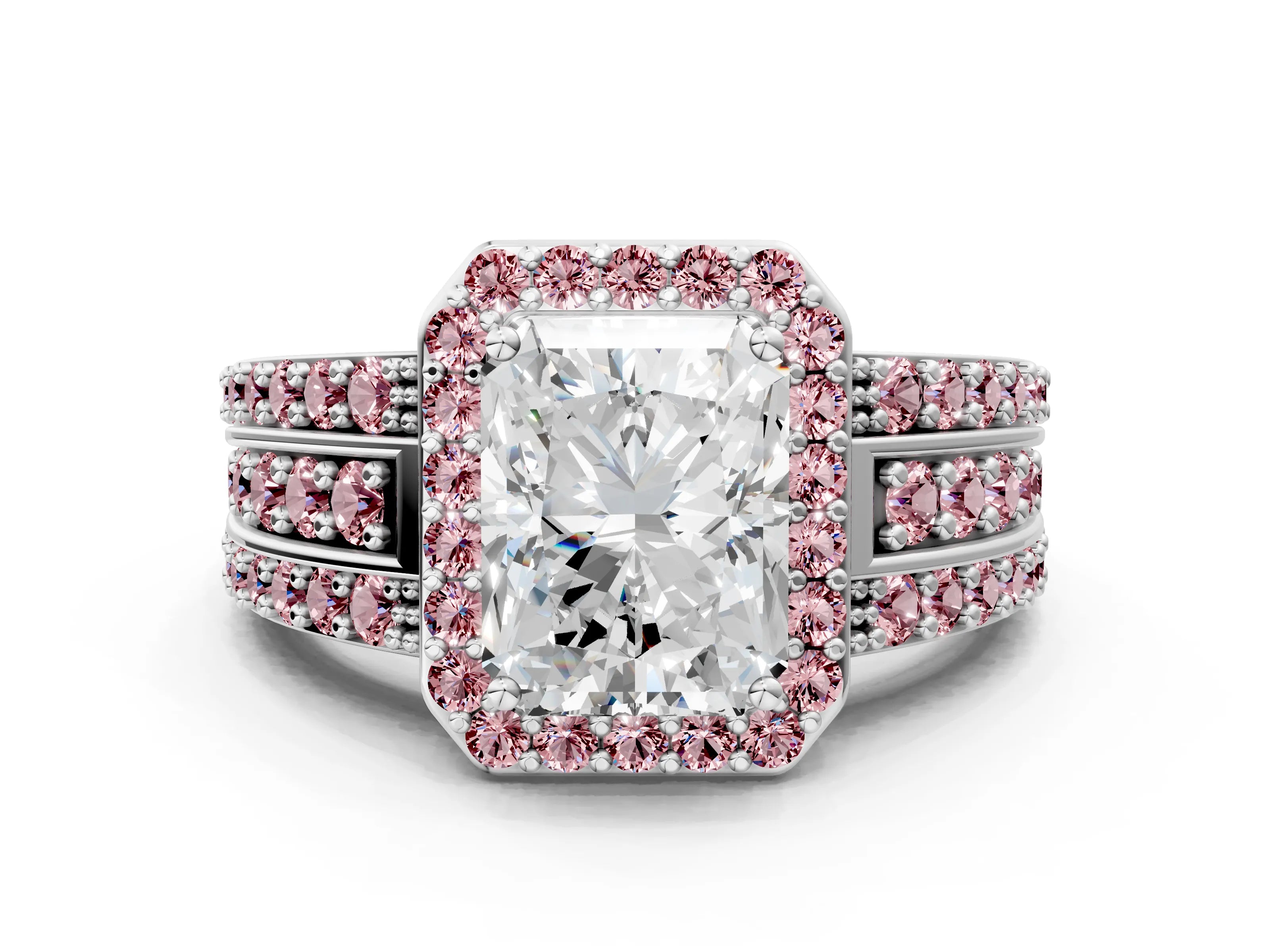 White gold Radiant Cut Halo Diamond Ring with Round with Morganite side stone Split Shank and Prong Setting_24