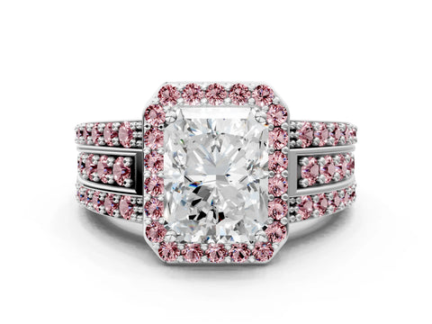 White gold Radiant Cut Halo Diamond Ring with Round with Morganite side stone Split Shank and Prong Setting_24