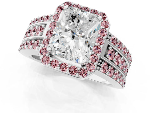 White gold Radiant Cut Halo Diamond Ring with Round with Morganite side stone Split Shank and Prong Setting_25