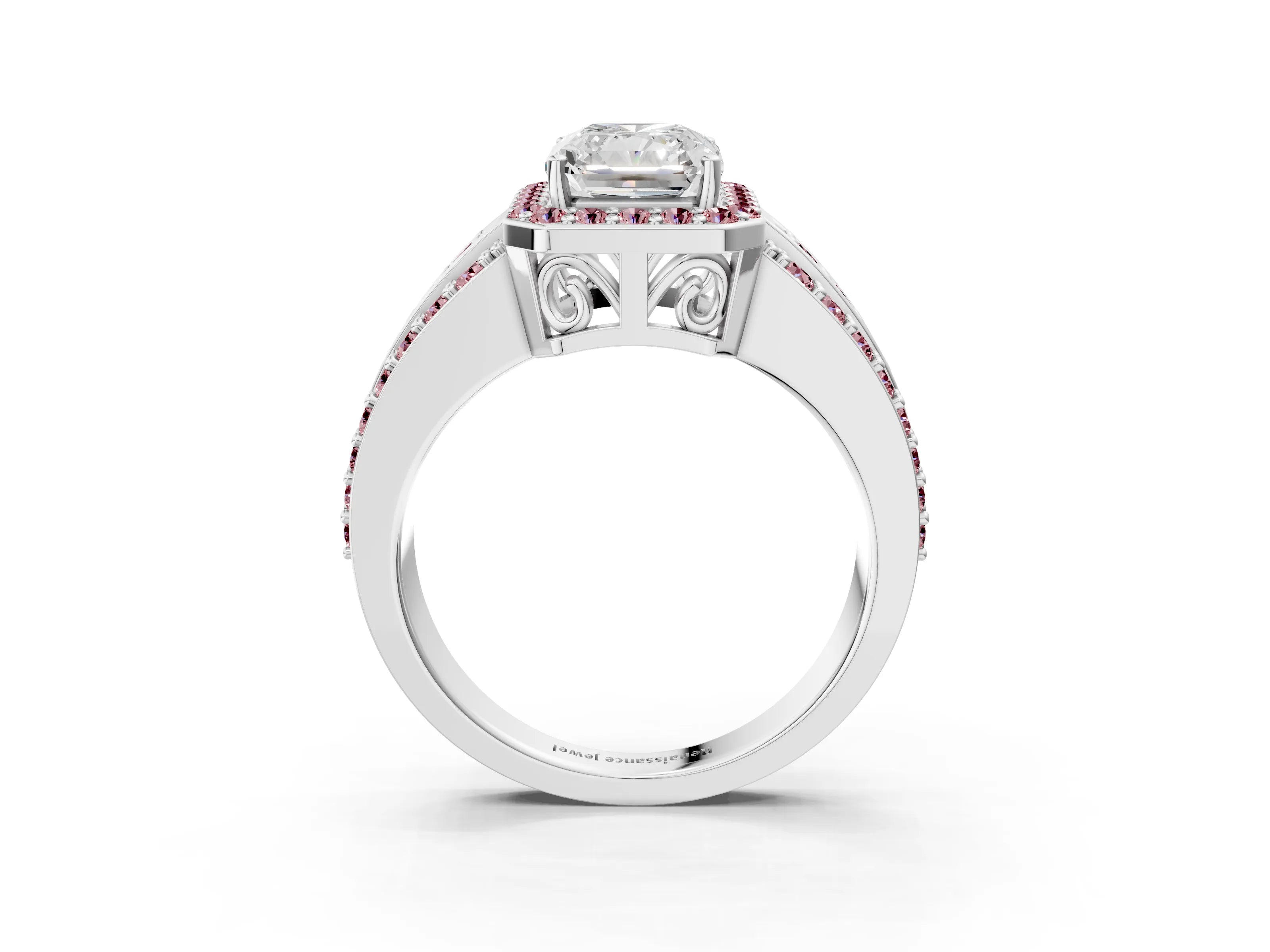 White gold Radiant Cut Halo Diamond Ring with Round with Morganite side stone Split Shank and Prong Setting_27
