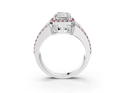 White gold Radiant Cut Halo Diamond Ring with Round with Morganite side stone Split Shank and Prong Setting_27