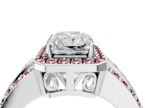White gold Radiant Cut Halo Diamond Ring with Round with Morganite side stone Split Shank and Prong Setting_28