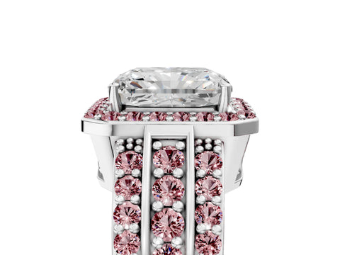 White gold Radiant Cut Halo Diamond Ring with Round with Morganite side stone Split Shank and Prong Setting_29