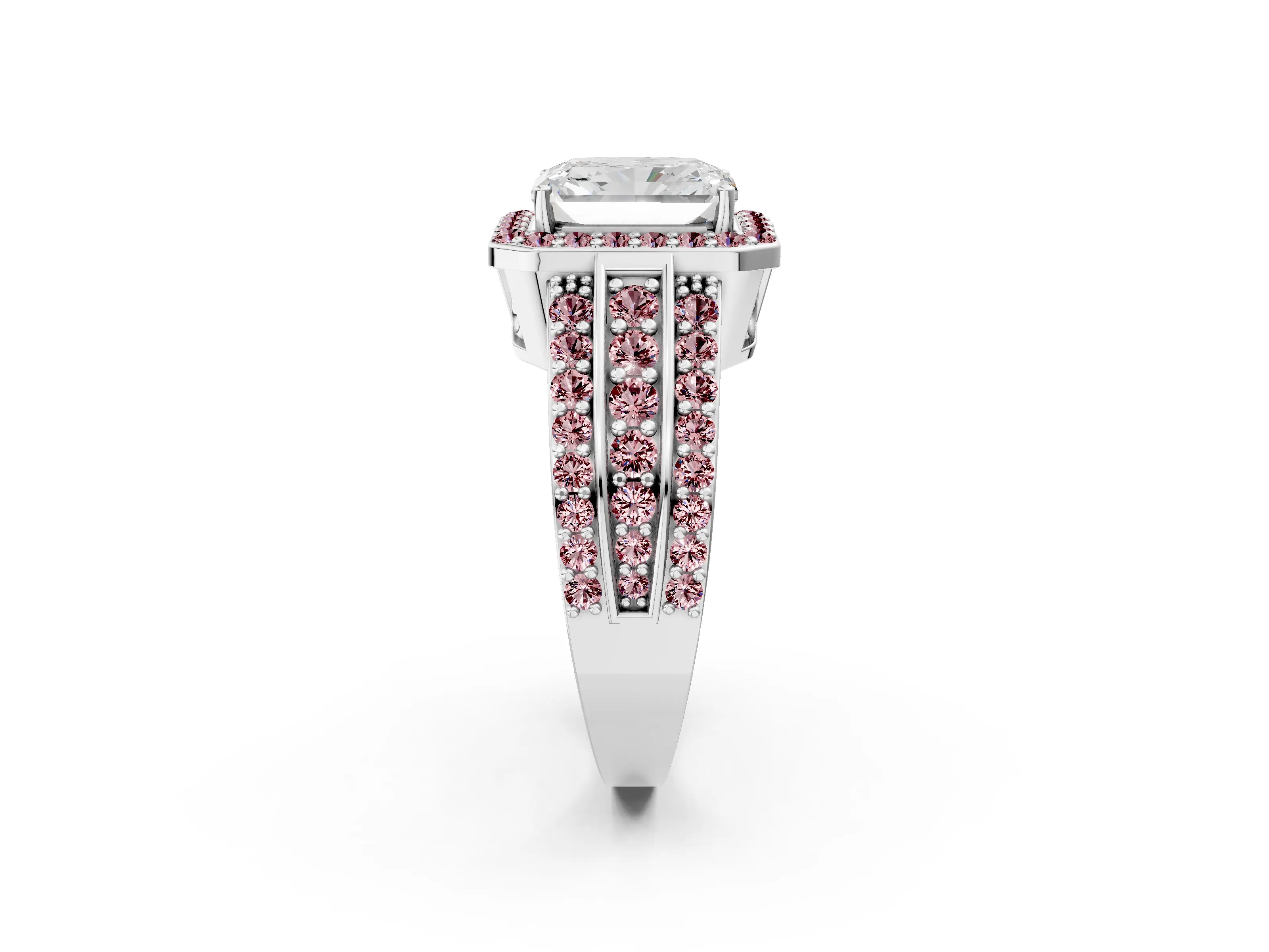 White gold Radiant Cut Halo Diamond Ring with Round with Morganite side stone Split Shank and Prong Setting_50