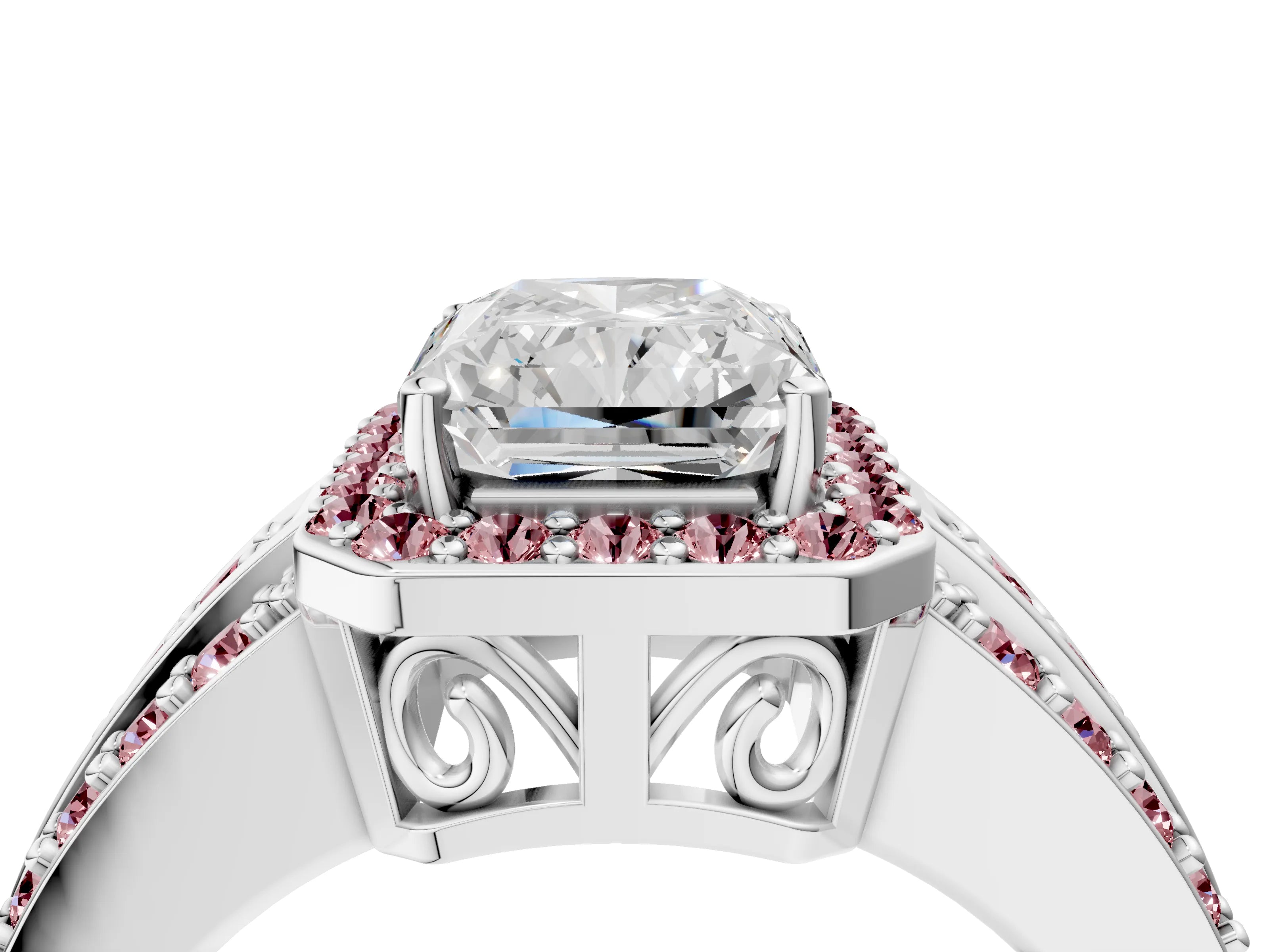 White gold Radiant Cut Halo Diamond Ring with Round with Morganite side stone Split Shank and Prong Setting_52