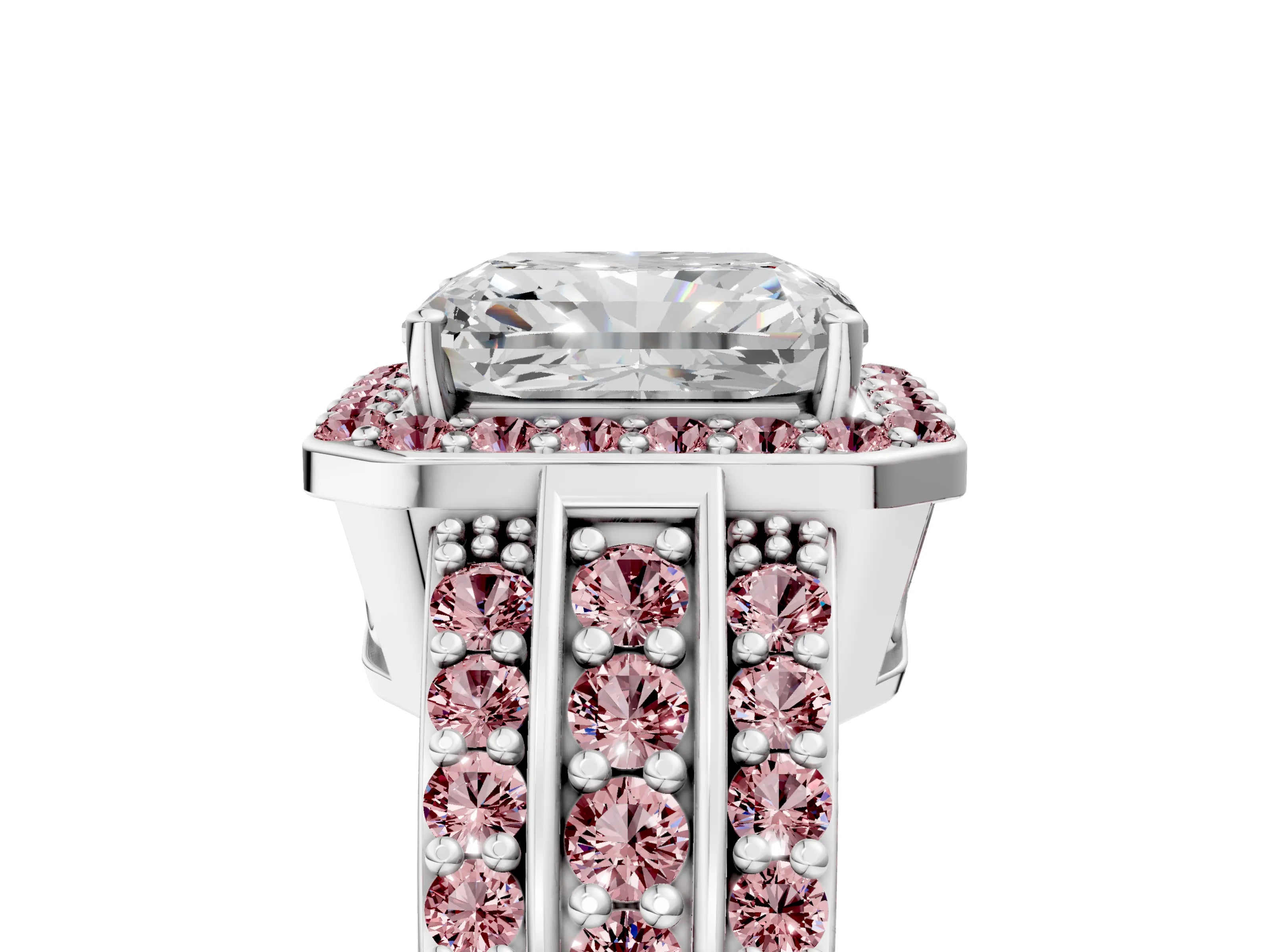 White gold Radiant Cut Halo Diamond Ring with Round with Morganite side stone Split Shank and Prong Setting_53