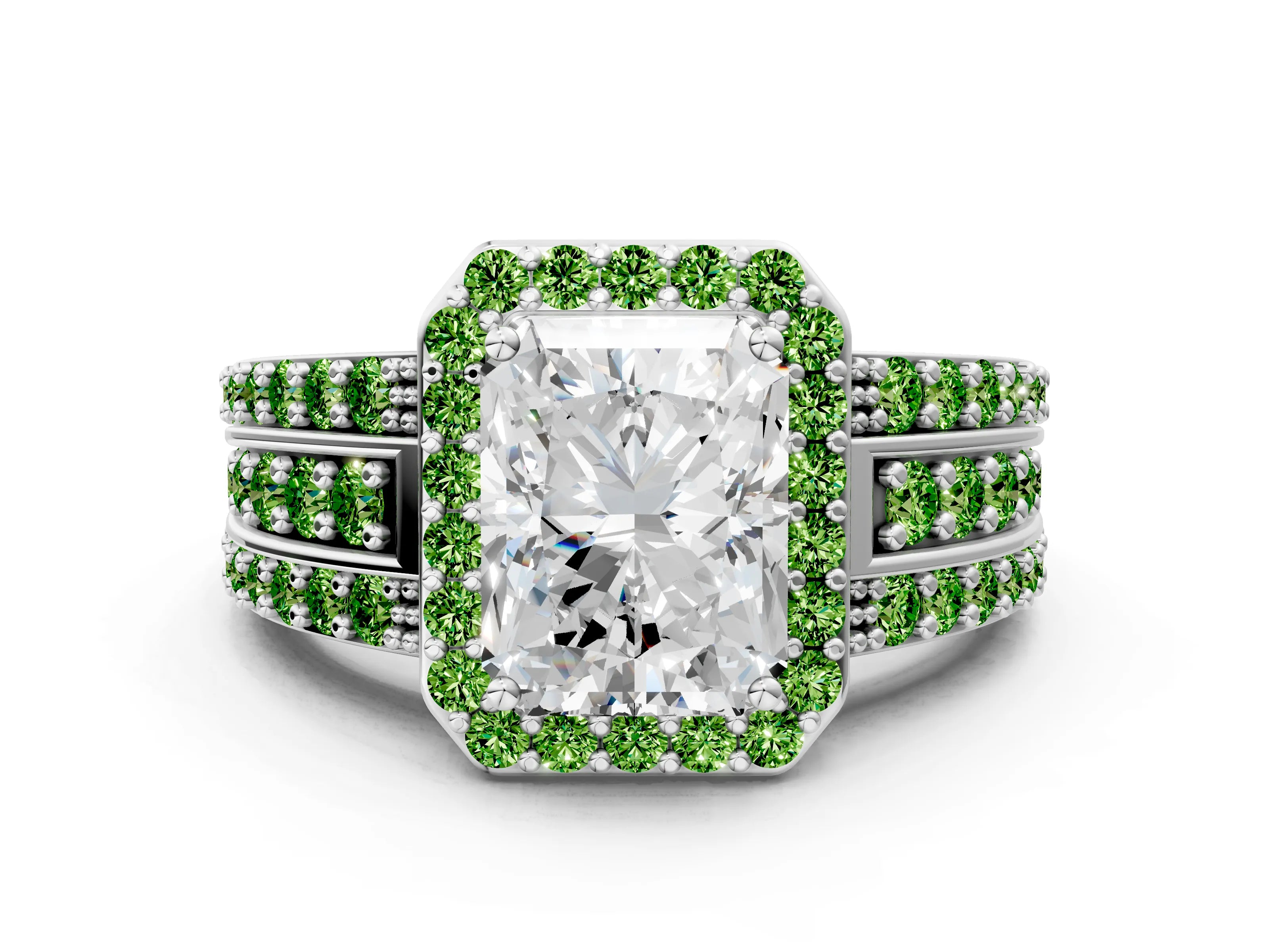 White gold Radiant Cut Halo Diamond Ring with Round with Peridot side stone Split Shank and Prong Setting