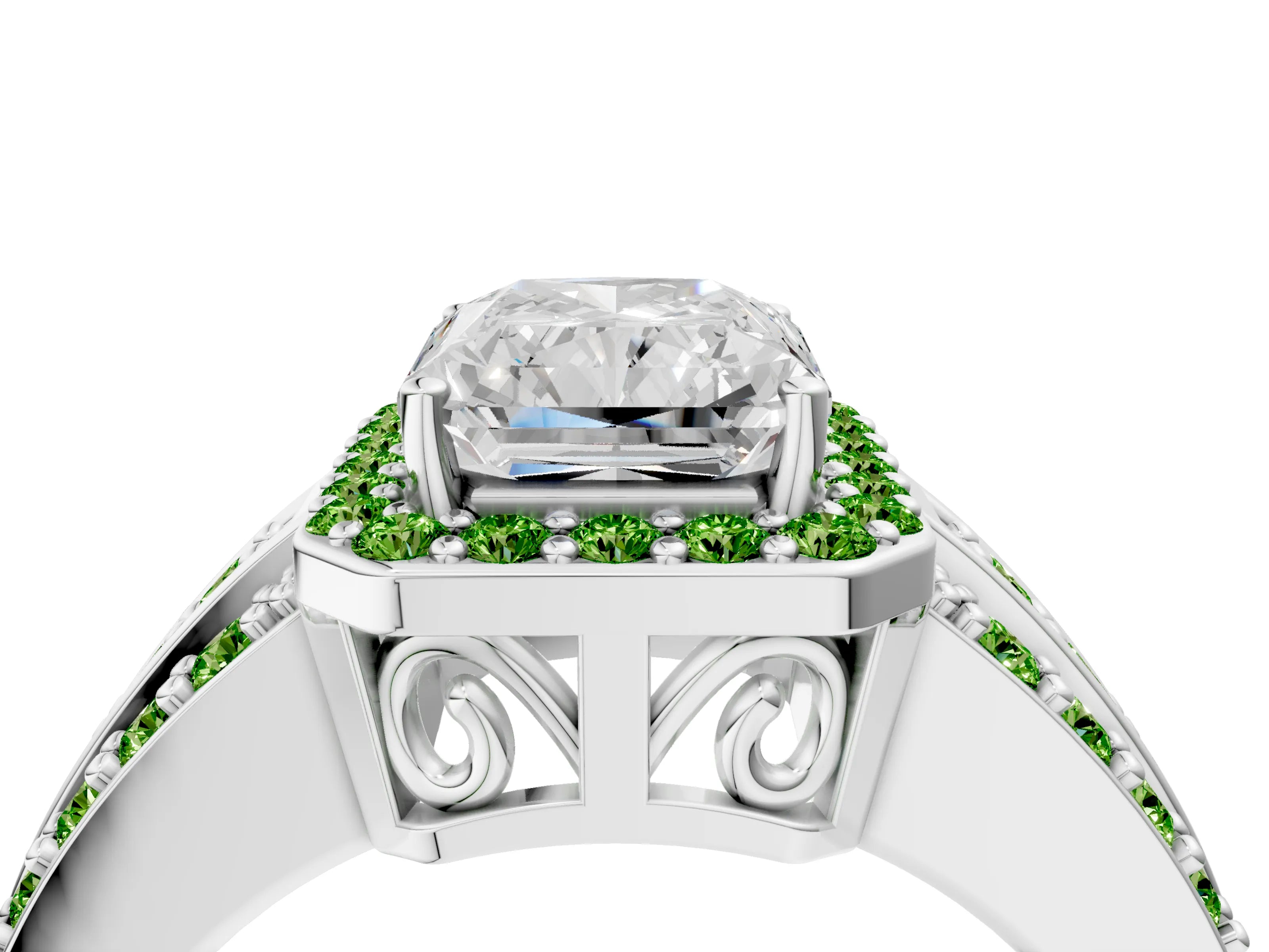 White gold Radiant Cut Halo Diamond Ring with Round with Peridot side stone Split Shank and Prong Setting_10